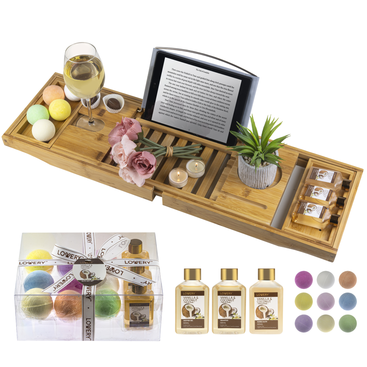 Lovery Premium Bamboo Bathtub Caddy Gift Set - Expandable Tray
