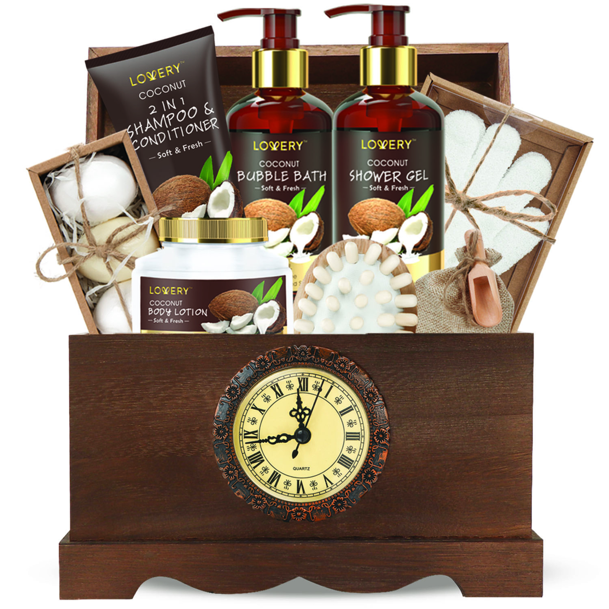 Luxury Bath Gift Set in a Vintage Style Wooden Clock Box 13 Pc Premium Coconut