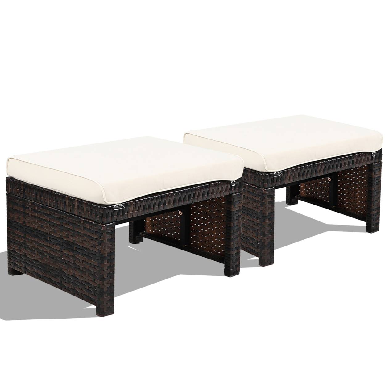 Set Of 2 Rattan Ottoman Footrest Footstool Patio Furniture W/ Cushion - White