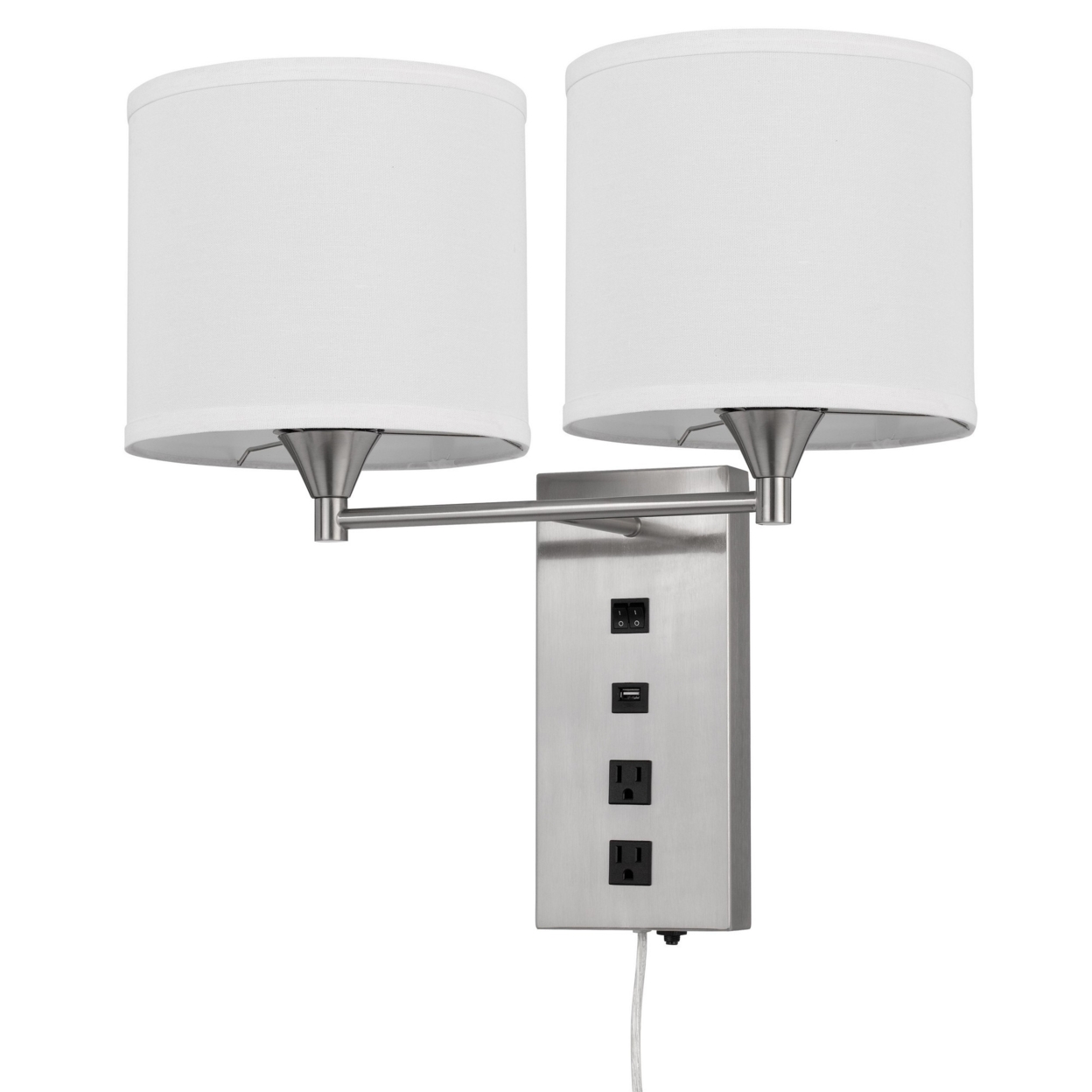 Rexi Modern Metal Wall Lamp, 2 Shades, USB, 2 Power Outlets, White, Silver- Saltoro Sherpi