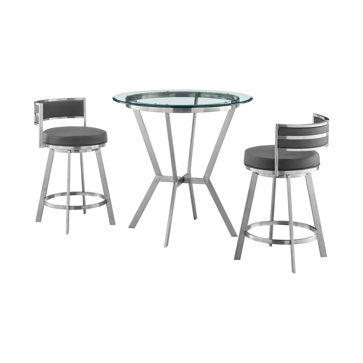 Jake 3 Piece Counter Height Dining Table Set, Round Glass Top, Gray, Chrome- Saltoro Sherpi
