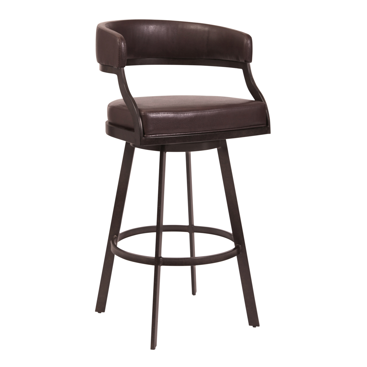 Ava 30 Inch Swivel Bar Stool Chair, Curved, Faux Leather, Auburn Brown- Saltoro Sherpi