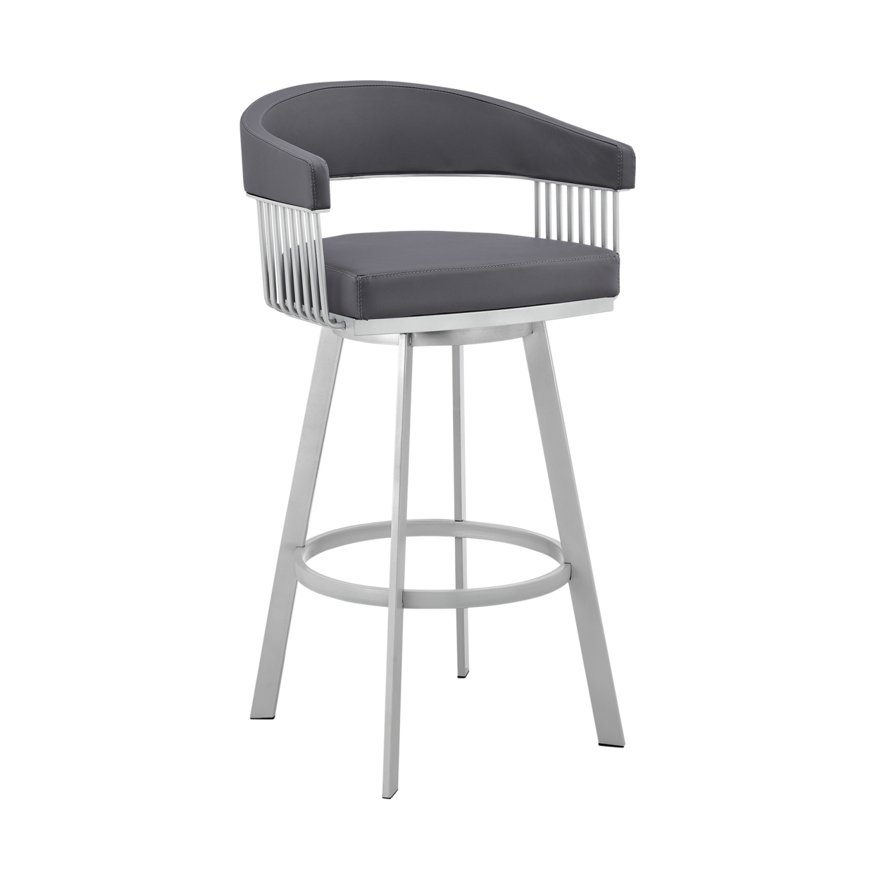 Oliver 26 Inch Modern Counter Stool, Faux Leather, Swivel, Gray, Silver- Saltoro Sherpi