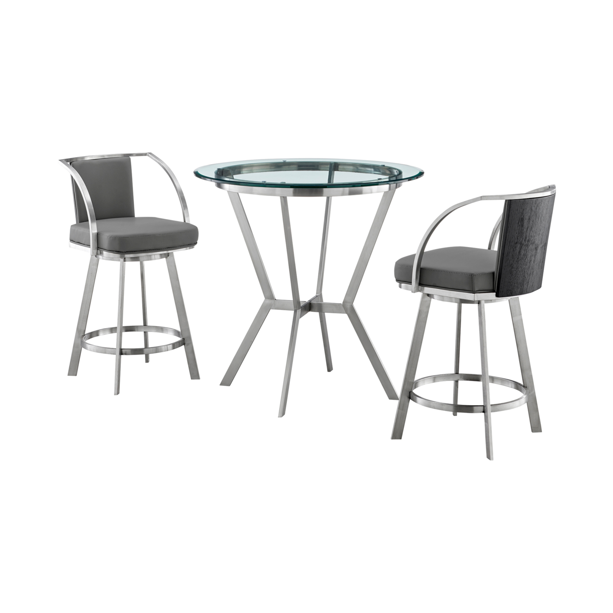 Lois 3 Piece Counter Height Dining Table Set, Round Glass Top, Chrome, Gray- Saltoro Sherpi