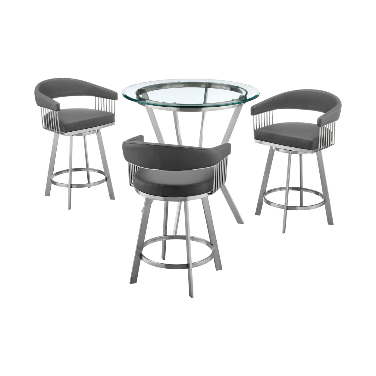 Mia 4 Piece Counter Height Dining Table Set, Round Glass Top, Chrome, Gray- Saltoro Sherpi