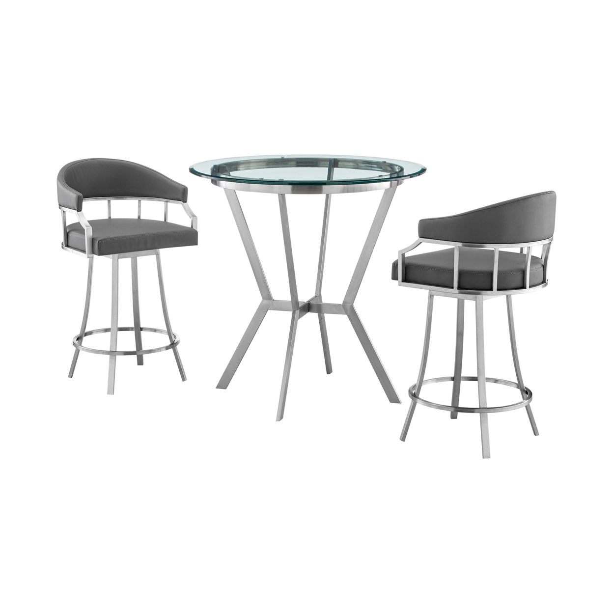 Amy 3 Piece Counter Height Dining Table Set, Round Glass Top, Gray, Silver- Saltoro Sherpi