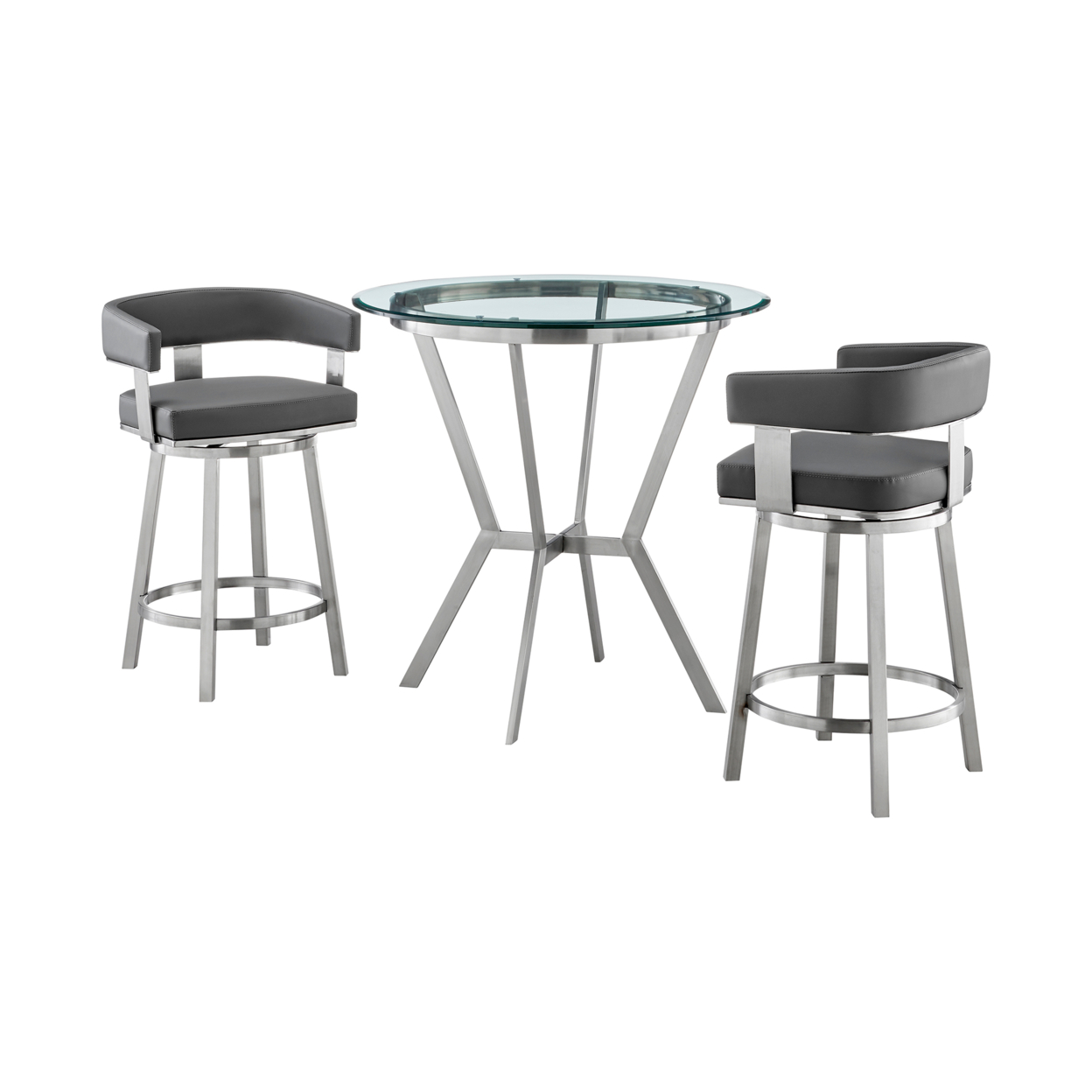 Aliya 3 Piece Counter Height Dining Table Set, Round Glass Top, Gray Silver- Saltoro Sherpi