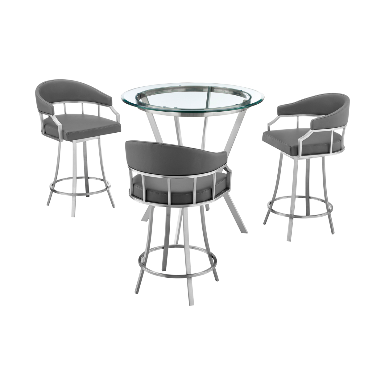 Amy 4 Piece Counter Height Dining Table Set, Round Glass Top, Gray, Silver- Saltoro Sherpi