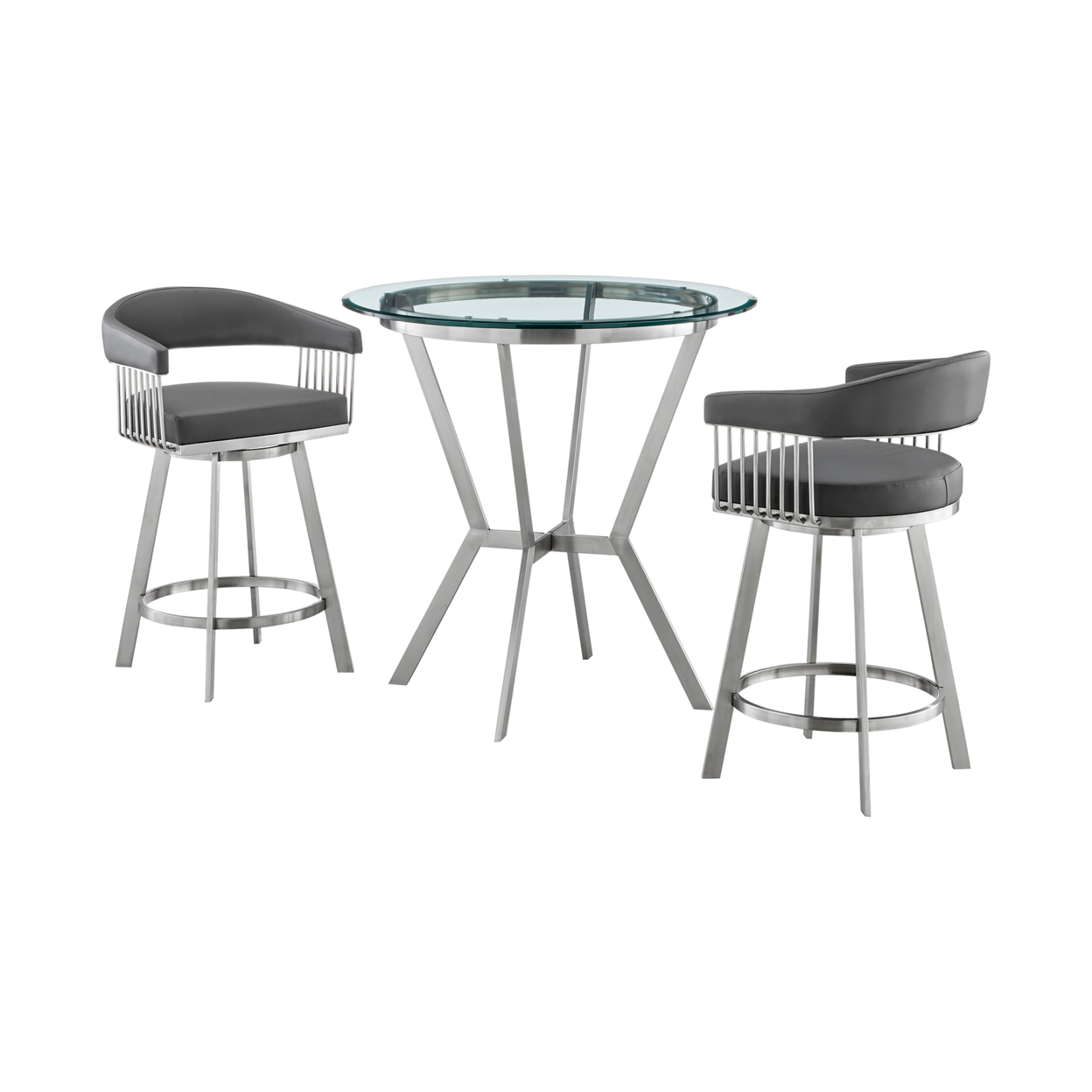 Mia 3 Piece Counter Height Dining Table Set, Round Glass Top, Chrome, Gray- Saltoro Sherpi
