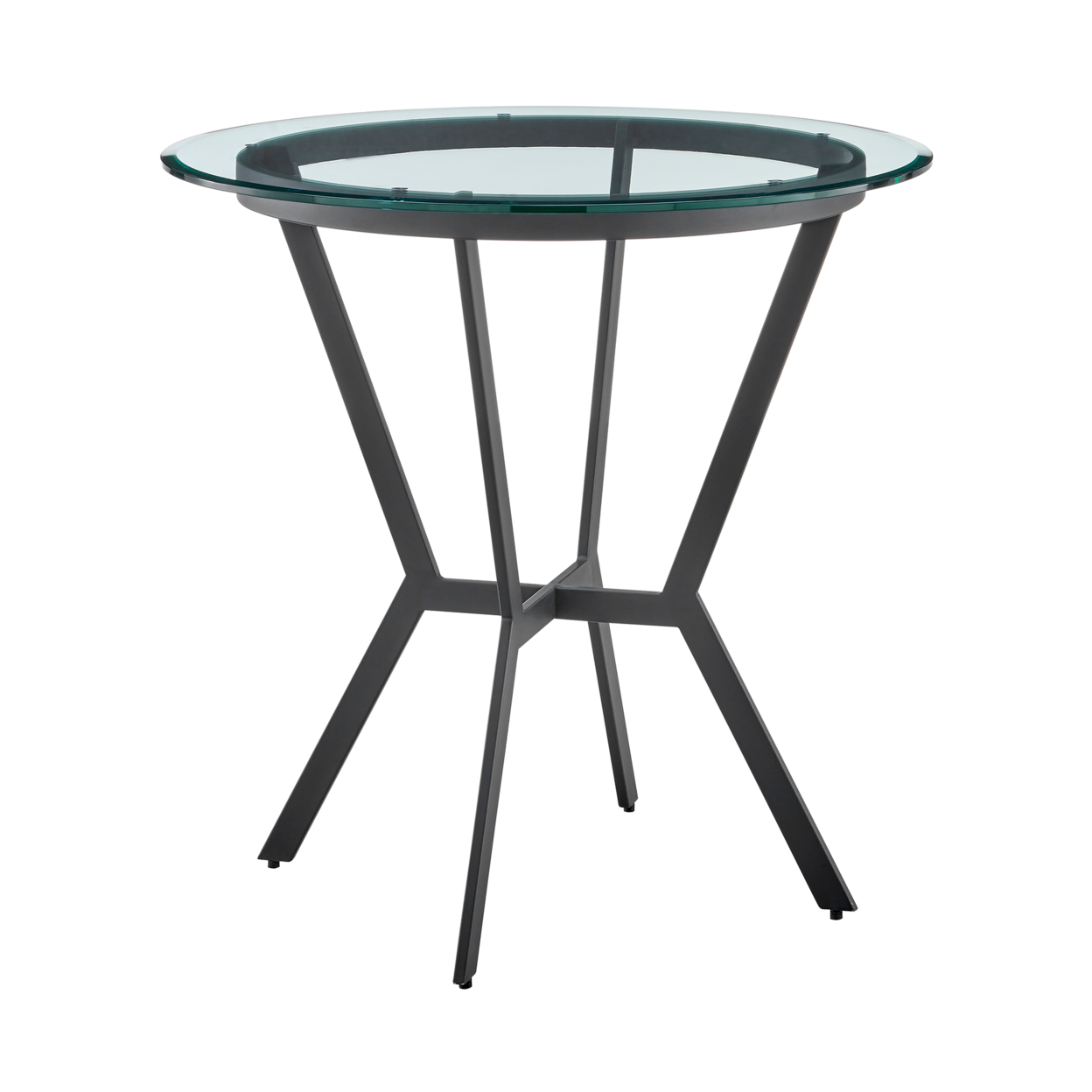 36 Inch Modern Bar Table, Round Glass Top, Crossed Angled Metal Base, Gray- Saltoro Sherpi