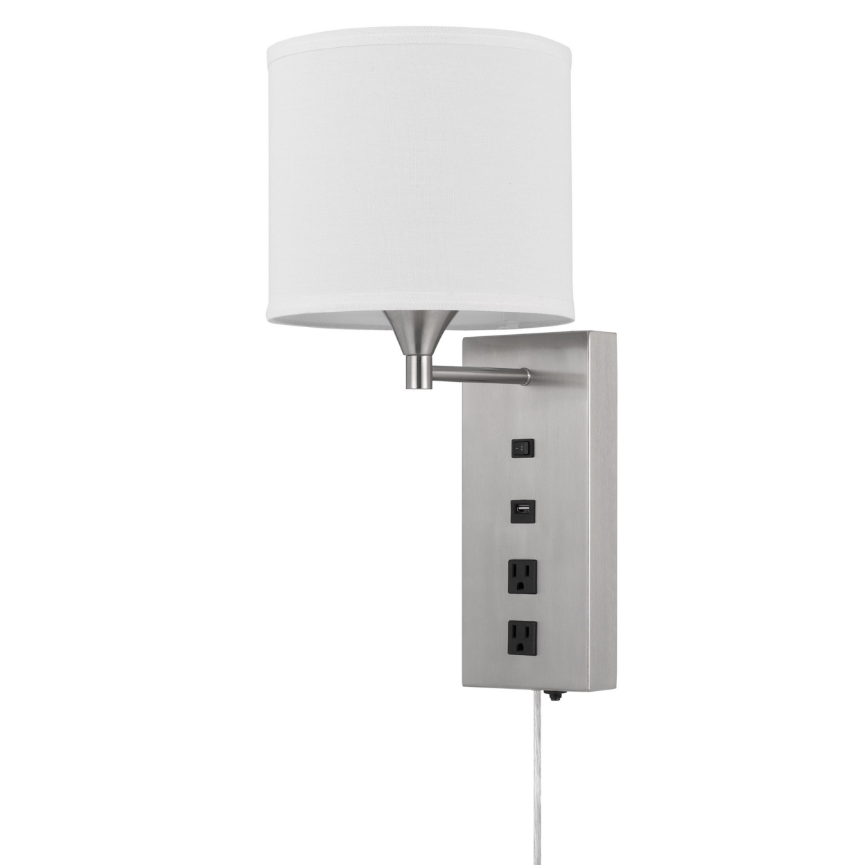 Rexi 19 Inch Modern Metal Wall Lamp, USB, 2 Power Outlets, White, Silver- Saltoro Sherpi