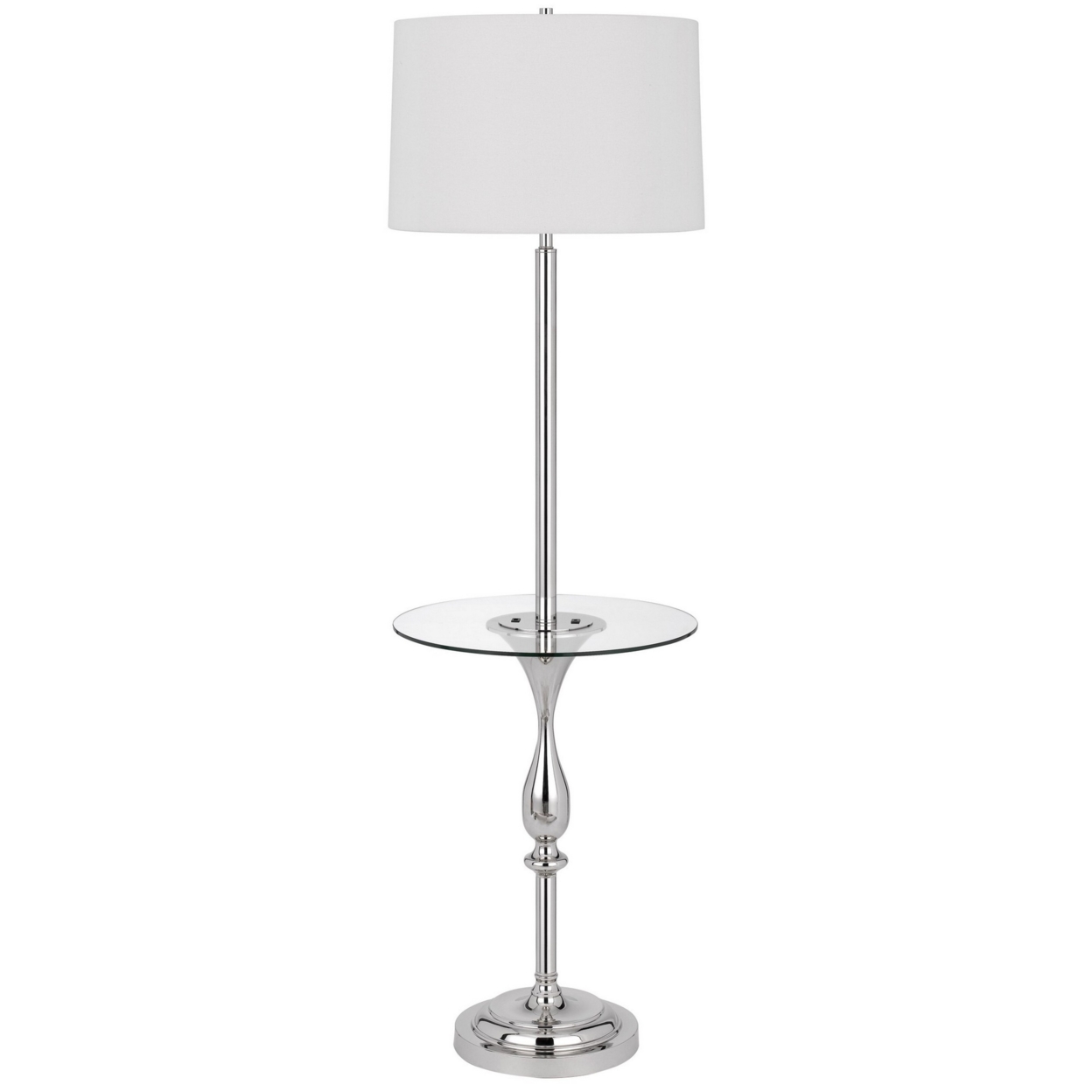 Ava 61 Inch Modern Floor Lamp, Glass Tray Table, 1 USB Port, Glossy, Chrome- Saltoro Sherpi