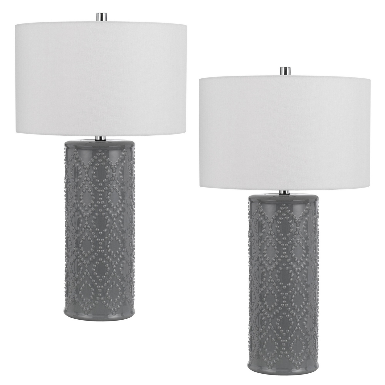 29 Inch Accent Table Lamp Set Of 2, Tall Cylinder, Ball Finial Accent, Gray- Saltoro Sherpi
