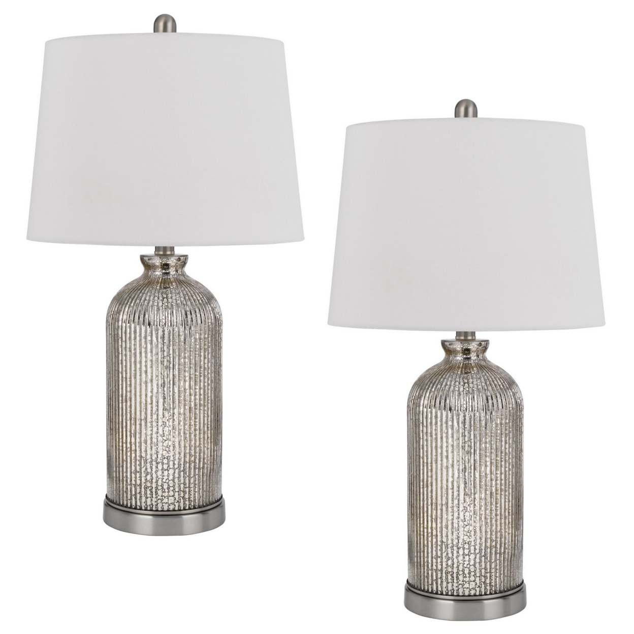 26 Inch Accent Table Lamp Set Of 2, Lined Glass Jar Base, Metallic Silver- Saltoro Sherpi