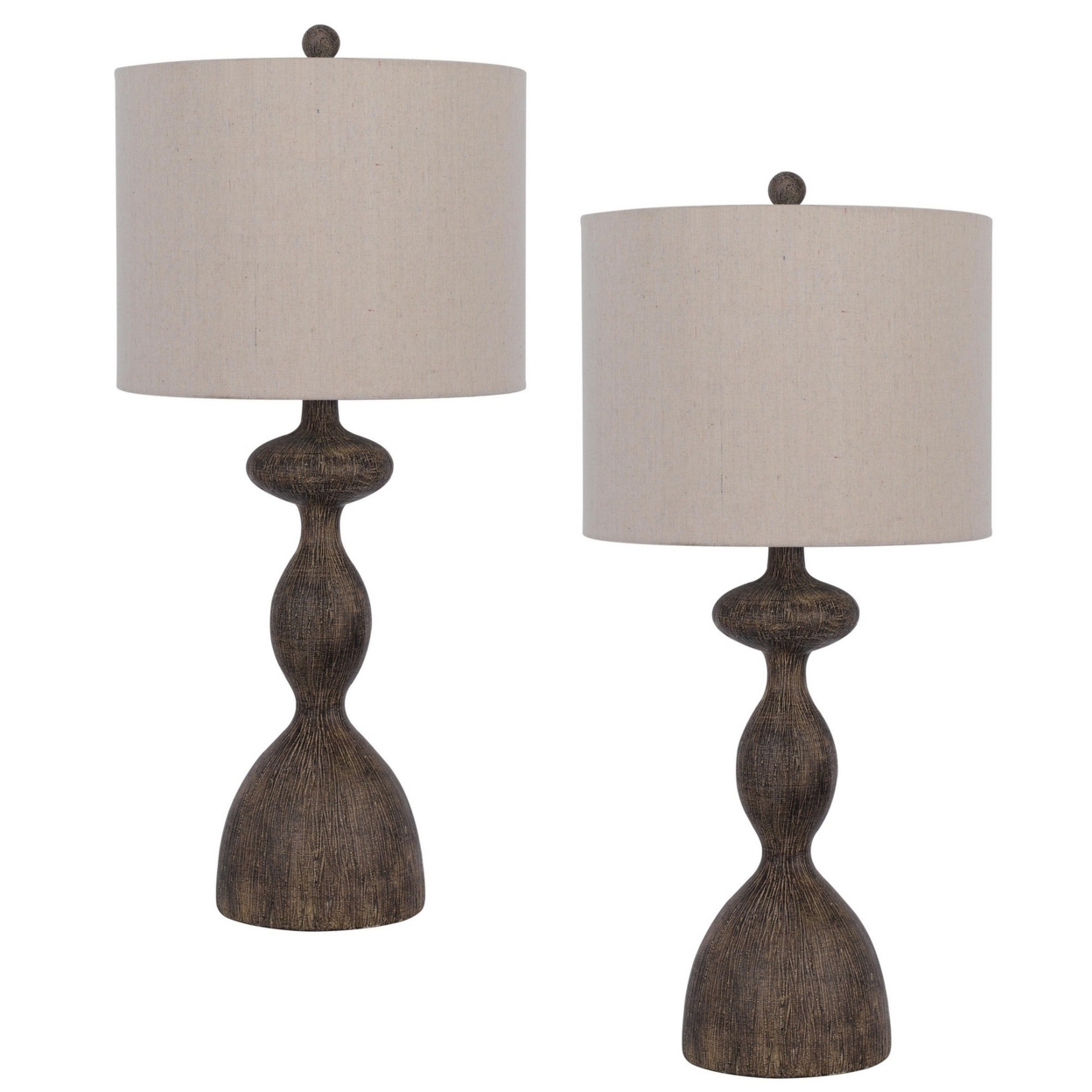 30 Inch 2 Table Lamps, Resin Accent, Turned Base, Rustic Wood Brown, Beige- Saltoro Sherpi
