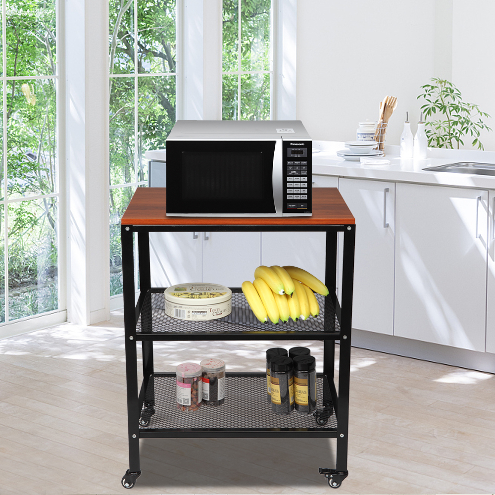 3-Tier Kitchen Microwave Cart Rolling Kitchen Utility Cart Standing Bakers Rack Storage Cart with Metal Frame for Living Room Brown