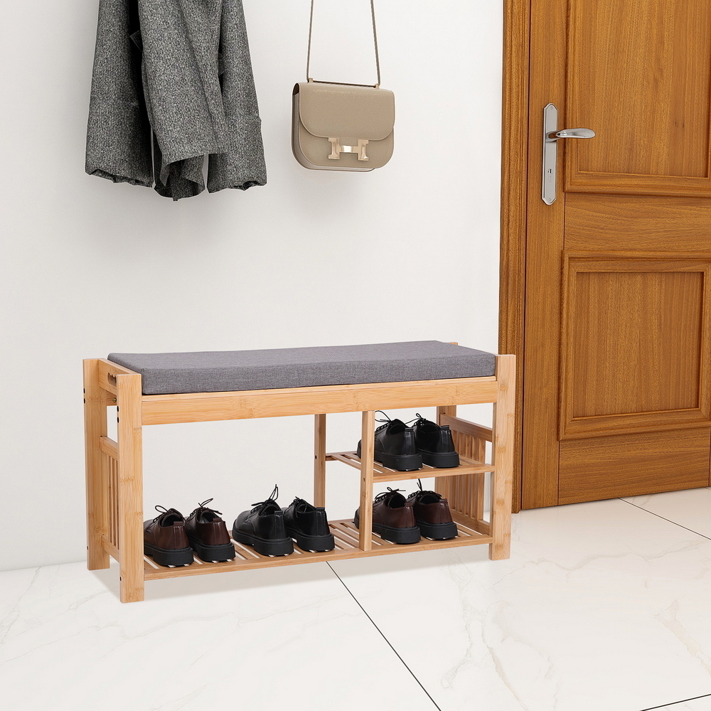 Bamboo Shoe Stool With Cushion Three-Layer Entrance Bench With Shoe Rack Shoe Stool With Storage Rack In Bedroom And Bathroom