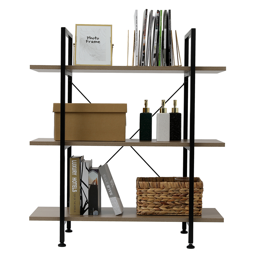 3-Tier Industrial Bookcase and Book Shelves Vintage Wood and Metal Bookshelves Gray