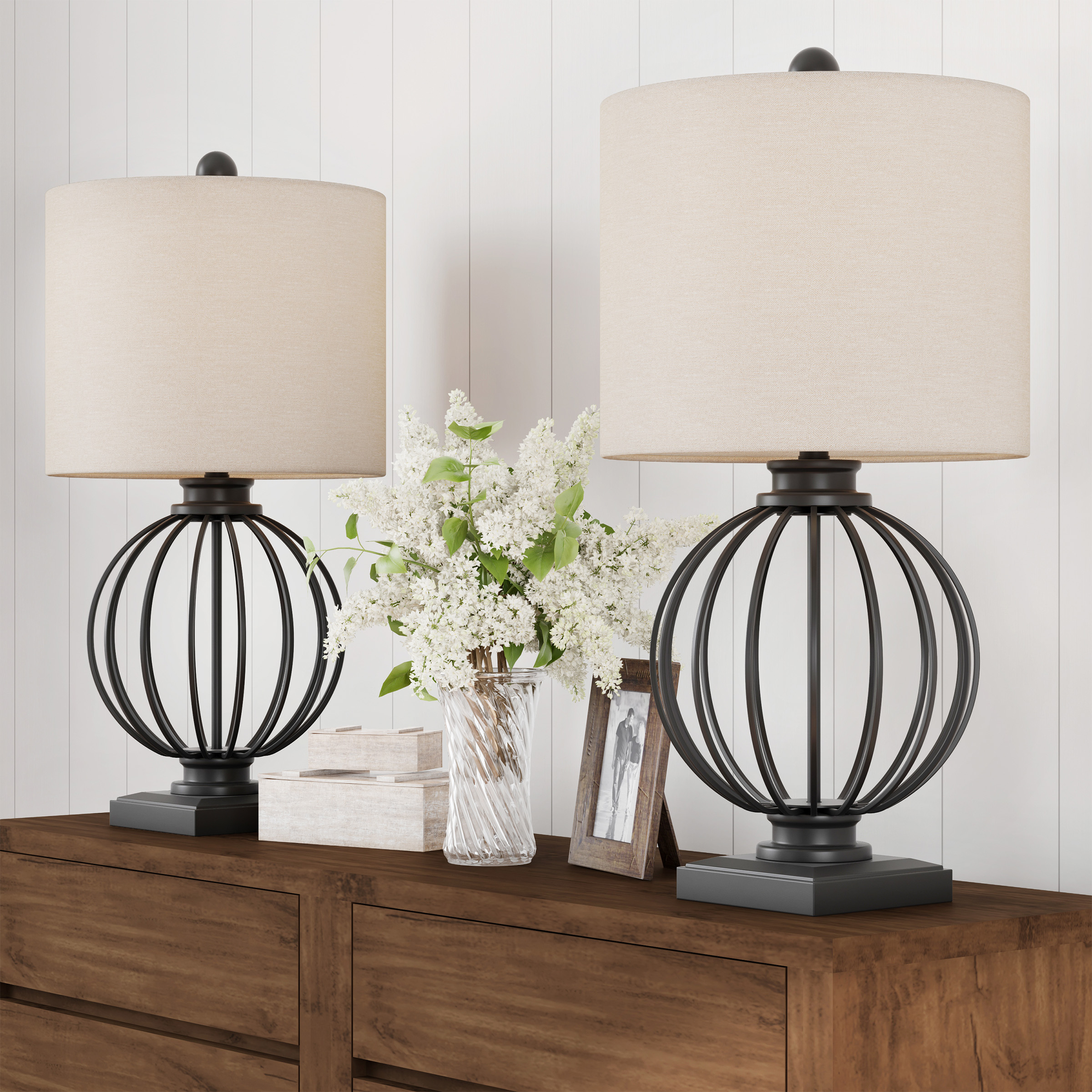 Table Lamps-Set Of 2 Wrought Iron Open Cage Orb Lights, Bulbs And Linen Shades Included-Modern Rustic