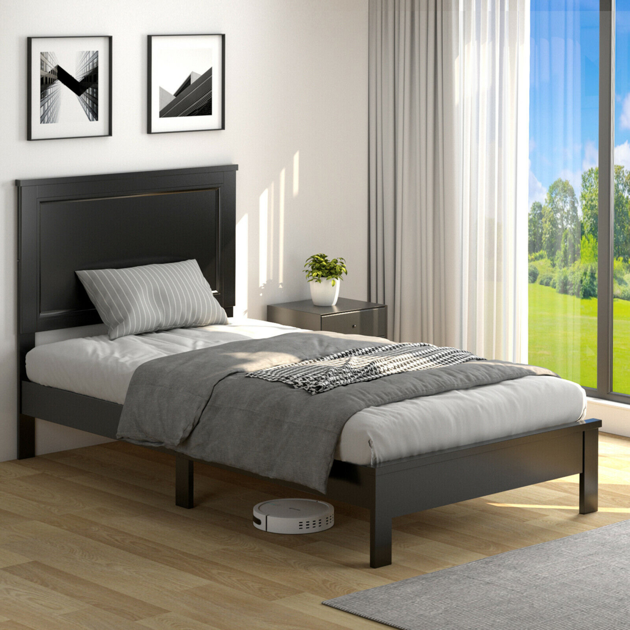 Twin/Full/Queen Size Bed Frame Platform Slat High Headboard Bedroom Rubber Wood Leg - Black, Twin