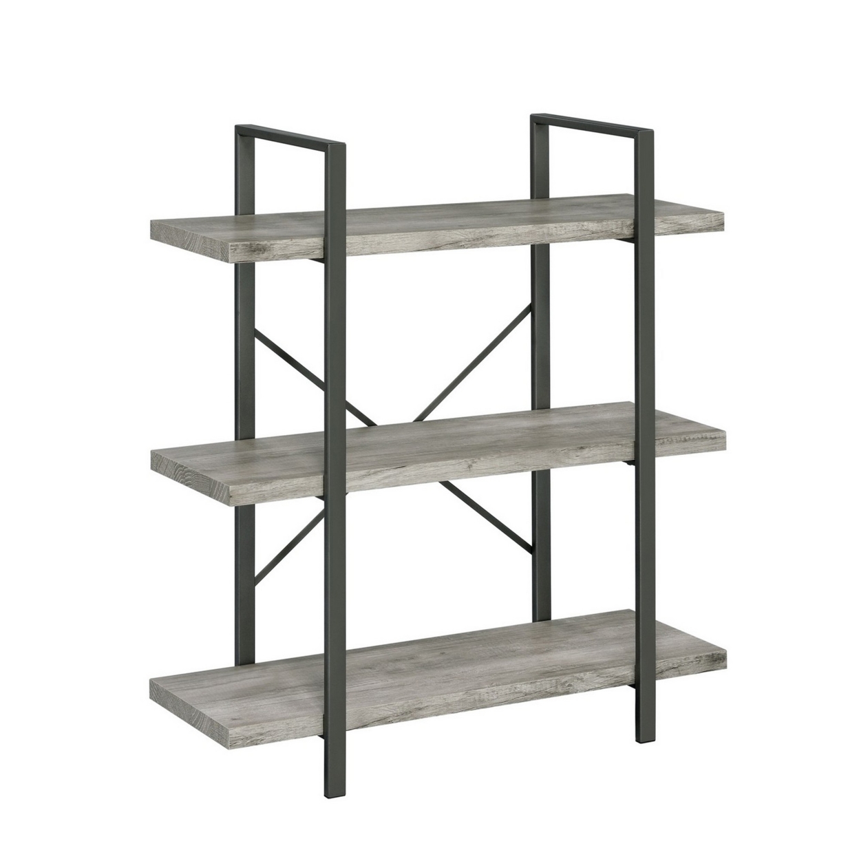 Ana 40 Inch Wood Bookcase, 3 Shelves, Crossed Metal Design, Light Gray