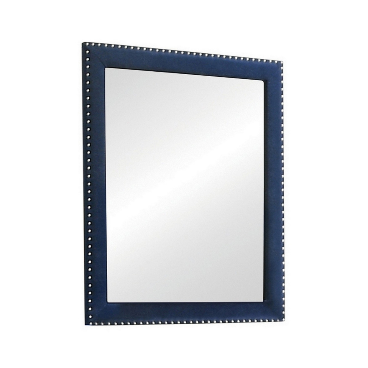 Cale 40 Inch Modern Glam Portrait Mirror, Nailhead, Blue Velvet Upholstered