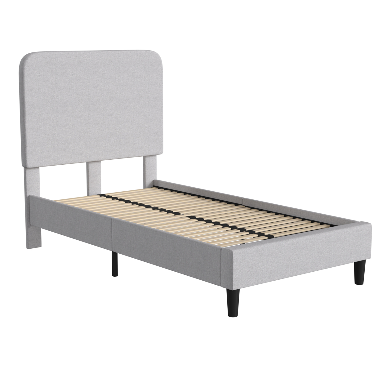 Addison Light Grey Twin Fabric Upholstered Platform Bed - Headboard With Rounded Edges - No Box Spring Or Foundation Needed