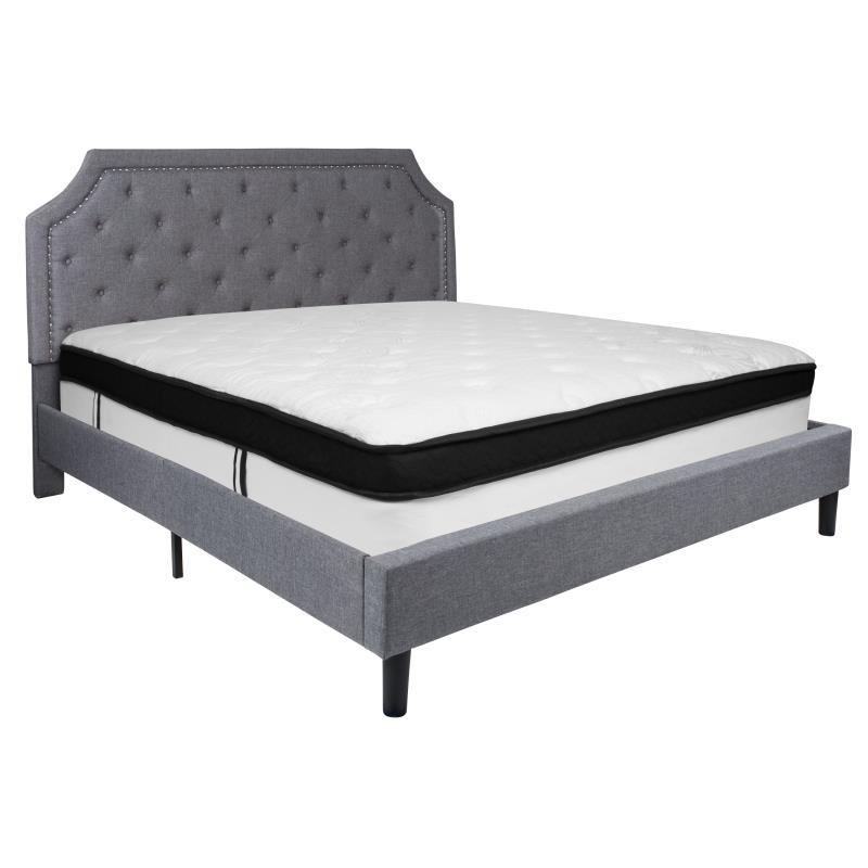 Brighton King Size Tufted Upholstered Platform Bed In Light Gray Fabric With Memory Foam Mattress
