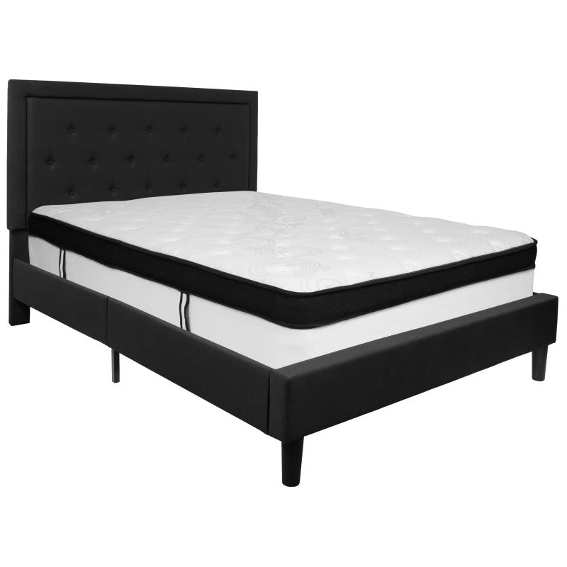 Roxbury Queen Size Tufted Upholstered Platform Bed In Black Fabric With Memory Foam Mattress