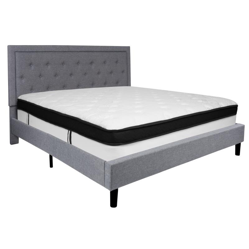 Roxbury King Size Tufted Upholstered Platform Bed In Light Gray Fabric With Memory Foam Mattress
