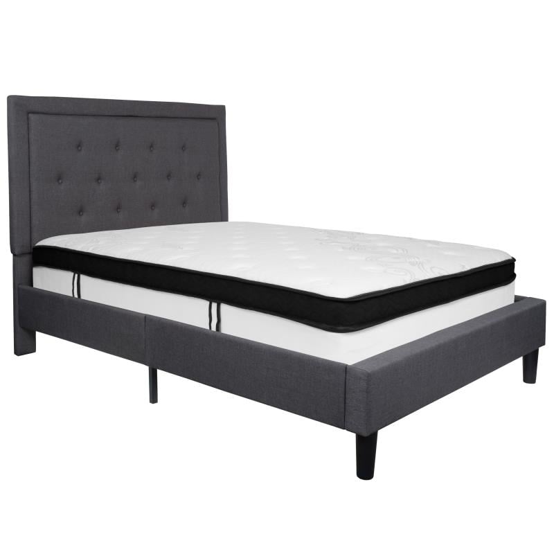 Roxbury Full Size Tufted Upholstered Platform Bed In Dark Gray Fabric With Memory Foam Mattress