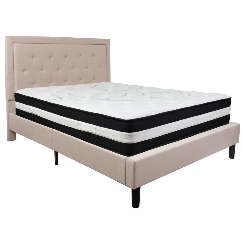 Roxbury Queen Size Tufted Upholstered Platform Bed In Beige Fabric With Pocket Spring Mattress