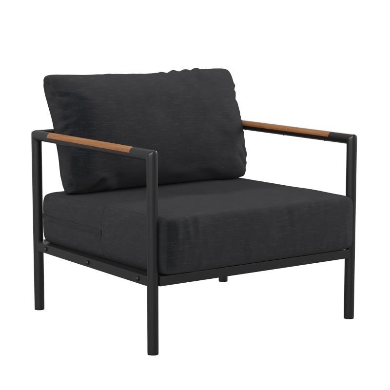 Indooroutdoor Patio Chair With Cushions Modern Aluminum Framed Chair With Teak Accented Arms, Black With Charcoal Cushions
