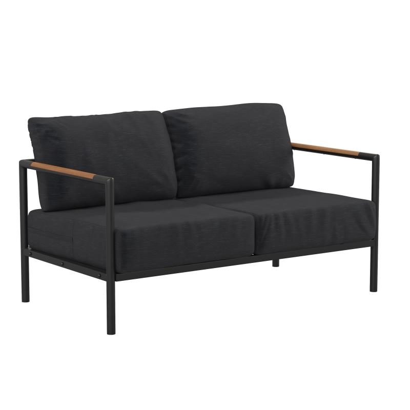 Indooroutdoor Patio Loveseat With Cushions Modern Aluminum Framed Loveseat With Teak Accent Arms, Black With Charcoal Cushions