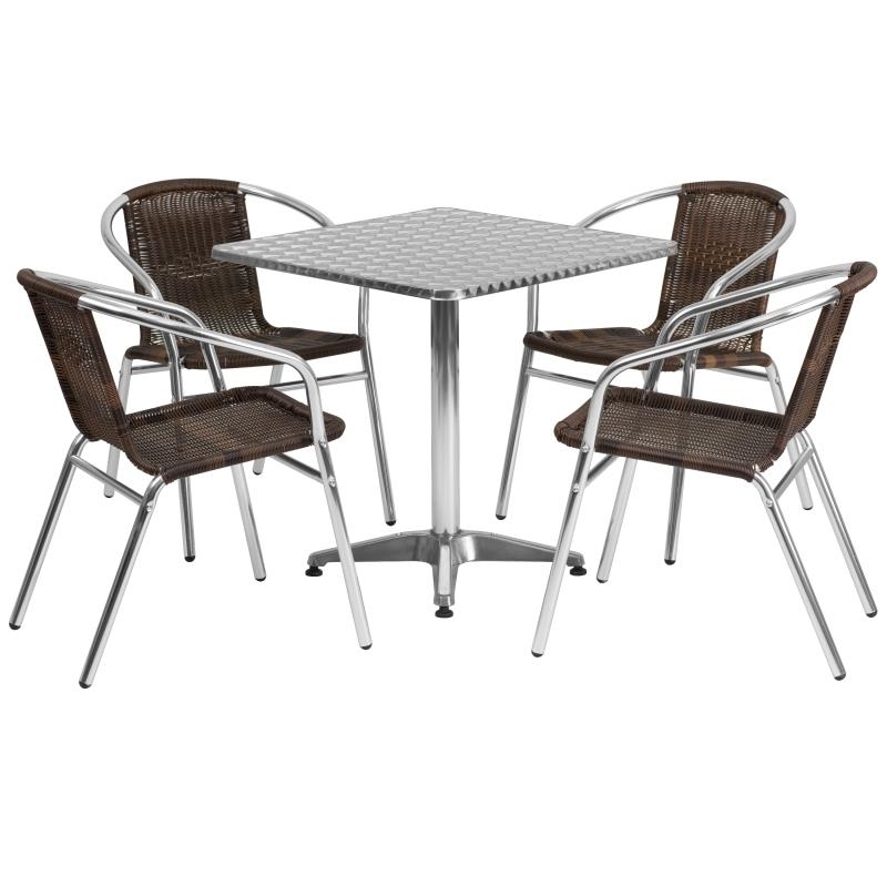 27.5'' Square Aluminum Indoor-Outdoor Table Set With 4 Dark Brown Rattan Chairs