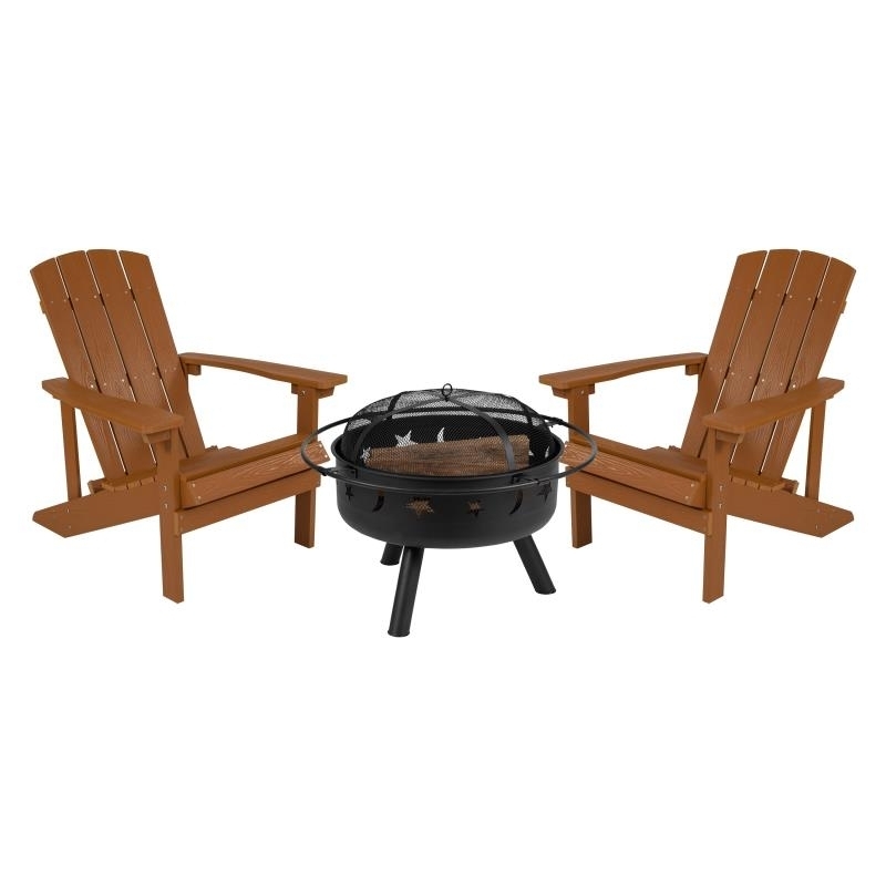 3 Piece Charlestown Teak Poly Resin Wood Adirondack Chair Set With Fire Pit - Star And Moon Fire Pit With Mesh Cover