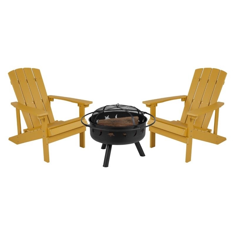 3 Piece Charlestown Yellow Poly Resin Wood Adirondack Chair Set With Fire Pit - Star And Moon Fire Pit With Mesh Cover