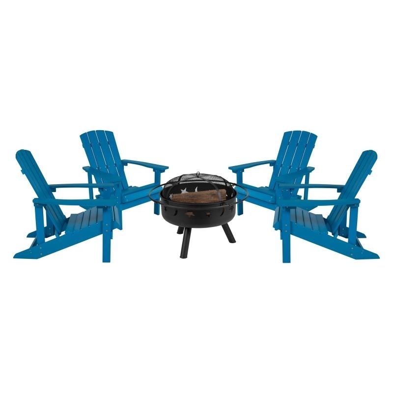 5 Piece Charlestown Blue Poly Resin Wood Adirondack Chair Set With Fire Pit - Star And Moon Fire Pit With Mesh Cover