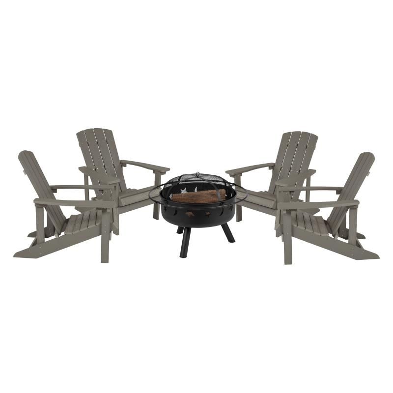 5 Piece Charlestown Gray Poly Resin Wood Adirondack Chair Set With Fire Pit - Star And Moon Fire Pit With Mesh Cover