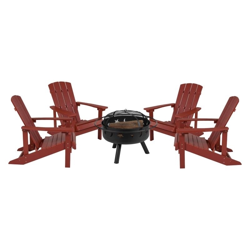 5 Piece Charlestown Red Poly Resin Wood Adirondack Chair Set With Fire Pit - Star And Moon Fire Pit With Mesh Cover