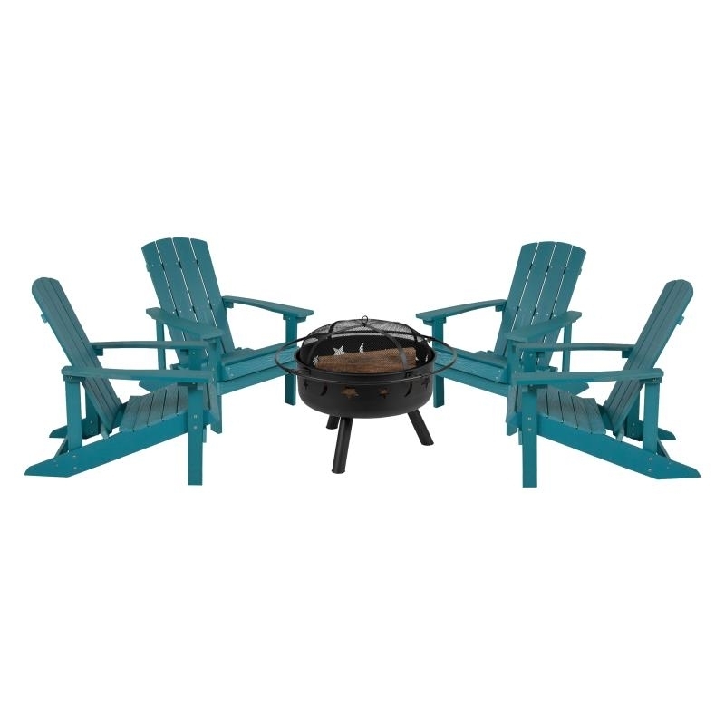 5 Piece Charlestown Sea Foam Poly Resin Wood Adirondack Chair Set With Fire Pit - Star And Moon Fire Pit With Mesh Cover