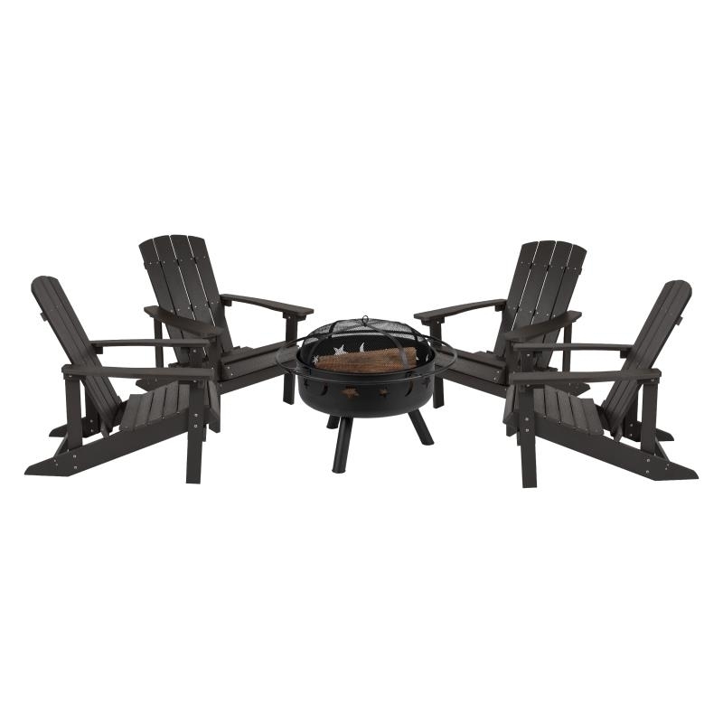 5 Piece Charlestown Slate Gray Poly Resin Wood Adirondack Chair Set With Fire Pit - Star And Moon Fire Pit With Mesh Cover