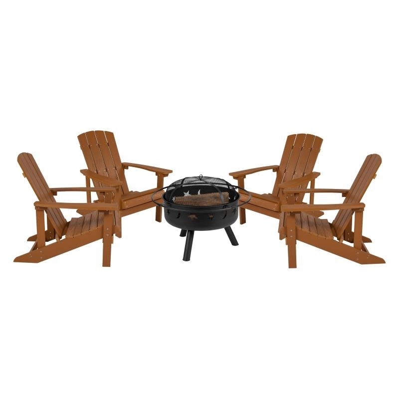 5 Piece Charlestown Teak Poly Resin Wood Adirondack Chair Set With Fire Pit - Star And Moon Fire Pit With Mesh Cover