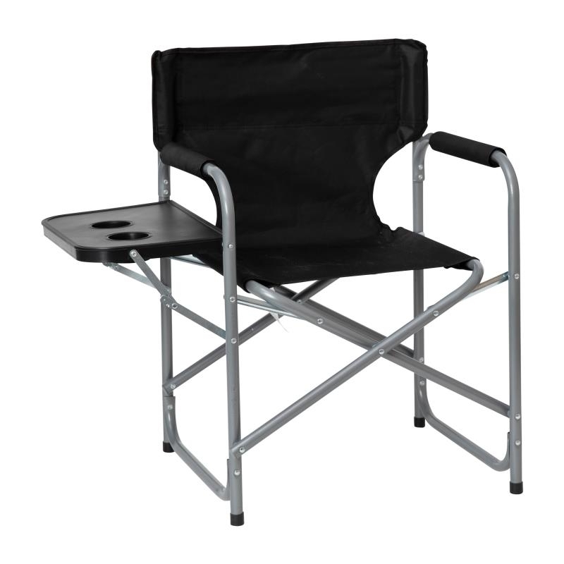 Folding Black Director'S Camping Chair With Side Table And Cup Holder Portable Indooroutdoor Steel Framed Sports Chair