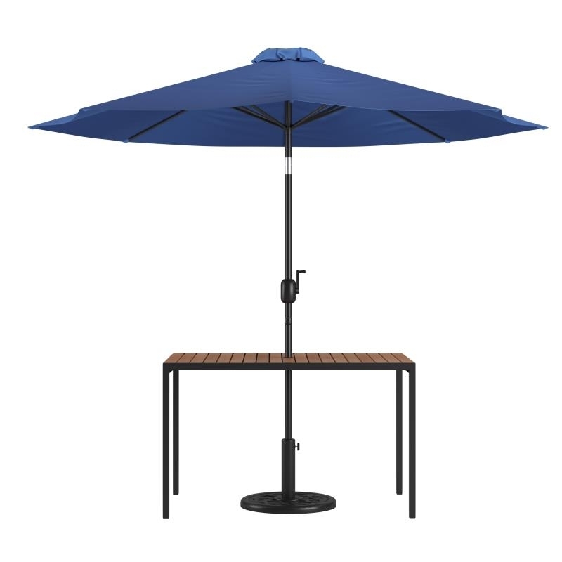 3 Piece Outdoor Patio Table Set - 30 X 48 Synthetic Teak Patio Table With Navy Umbrella And Base