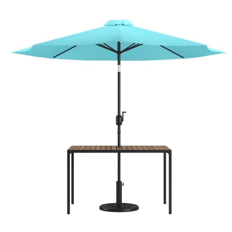 3 Piece Outdoor Patio Table Set - 30 X 48 Synthetic Teak Patio Table With Teal Umbrella And Base