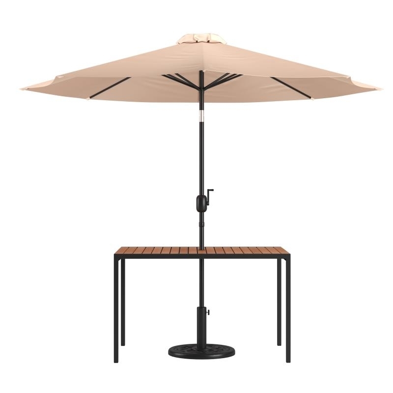 3 Piece Outdoor Patio Table Set - 30 X 48 Square Synthetic Teak Patio Table With Tan Umbrella And Base