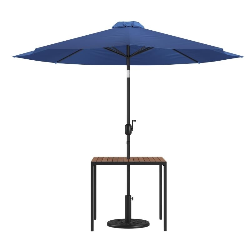 3 Piece Outdoor Patio Table Set - 35 Square Synthetic Teak Patio Table With Navy Umbrella And Base