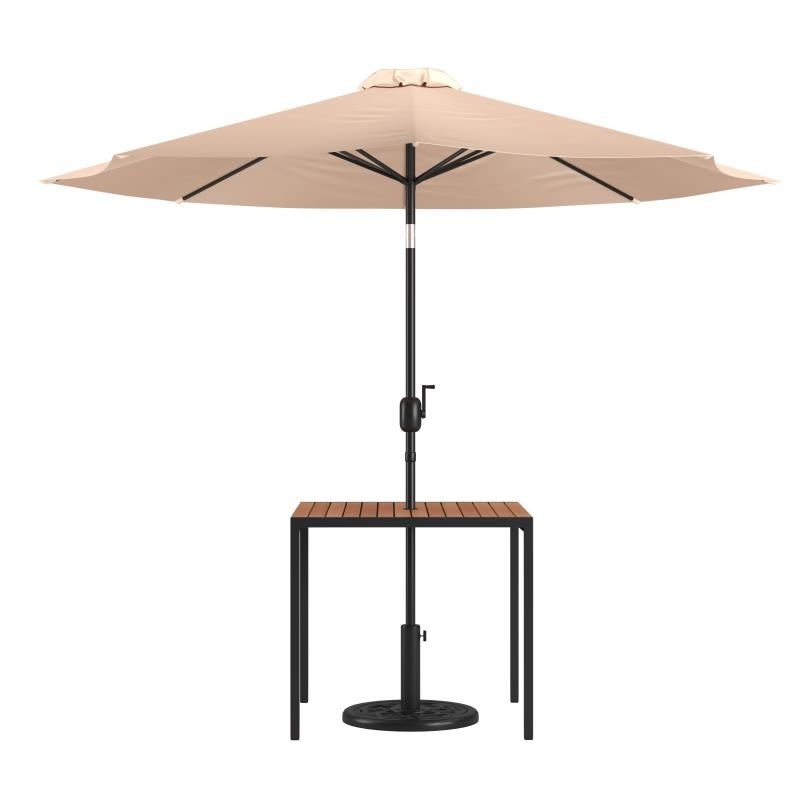 3 Piece Outdoor Patio Table Set - 35 Square Synthetic Teak Patio Table With Umbrella Hole And Tan Umbrella With Base
