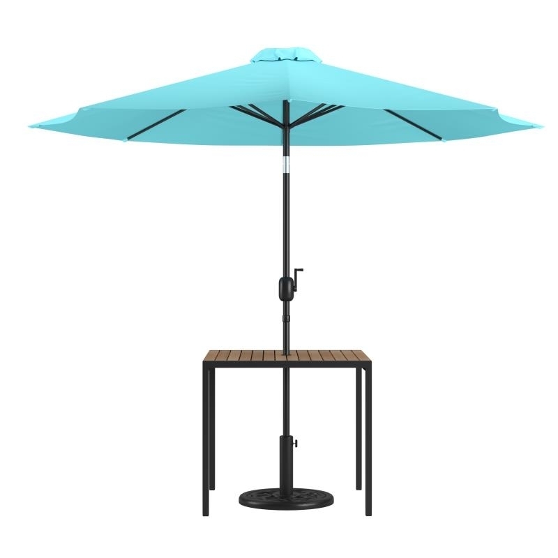 3 Piece Outdoor Patio Table Set - 35 Square Synthetic Teak Patio Table With Teal Umbrella And Base